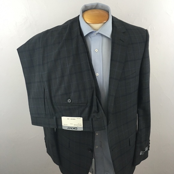 Dkny 40s men’s suit gray plaid blue checks 2 piece 100% wool slim fit new ea0007